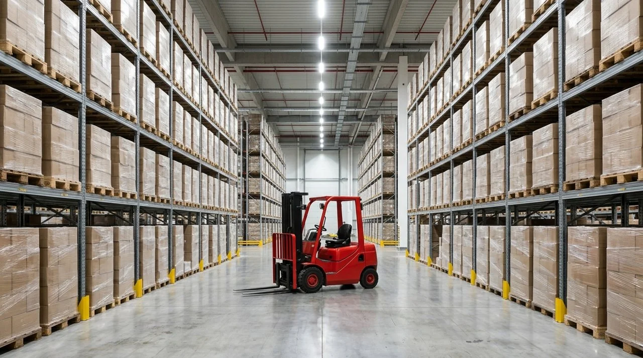 Montacargas rojo entre los racks de una nave industrial