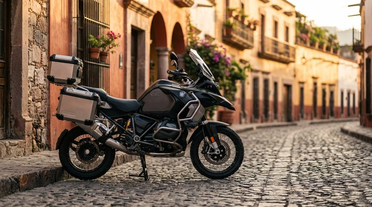 Motocicleta de gran turismo estacionada en una calle empedrada de un centro colonial