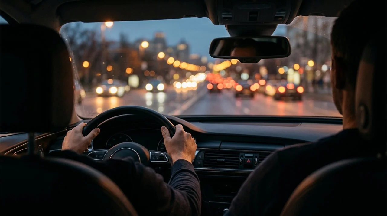 Conductor al volante de un auto circulando por una avenida al anochecer
