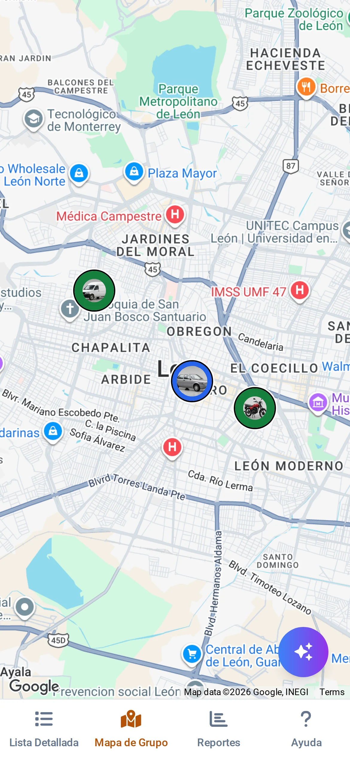 Mapa con varias unidades de la flota ubicadas al mismo tiempo