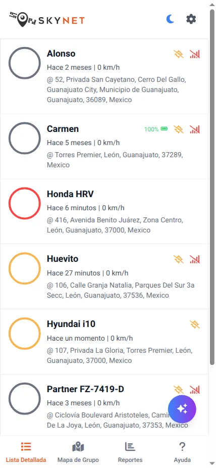 Dashboard - Lista de dispositivos GPS